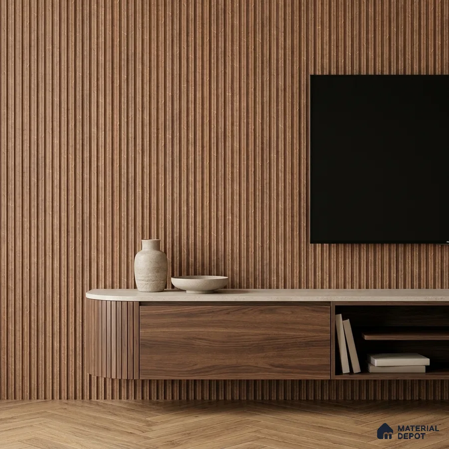 Minimalist TV unit with walnut wood laminate, fluted wall panels, and herringbone wooden flooring