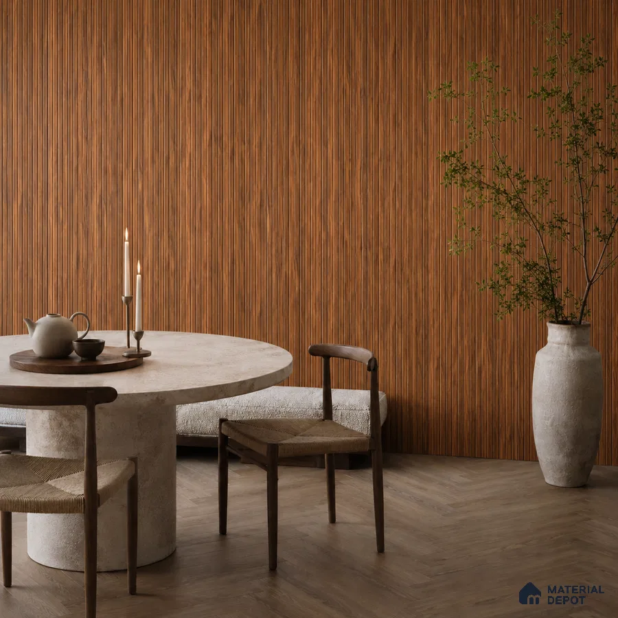 Japandi dining room with walnut fluted wall panels and herringbone wood flooring