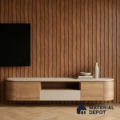 Minimalist TV unit with walnut wood fluted wall panels and beige marble-look laminate top