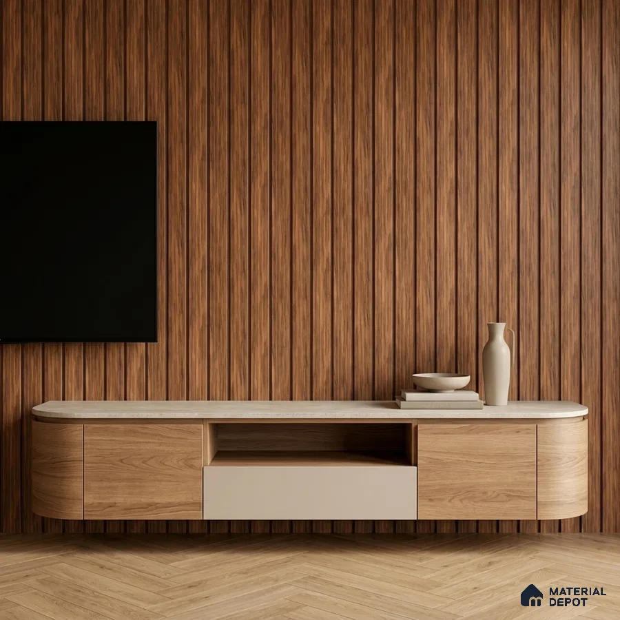 Minimalist TV unit with walnut wood fluted wall panels and beige marble-look laminate top