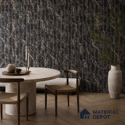 Japandi dining room with black marble fluted wall panels and light oak herringbone wooden flooring
