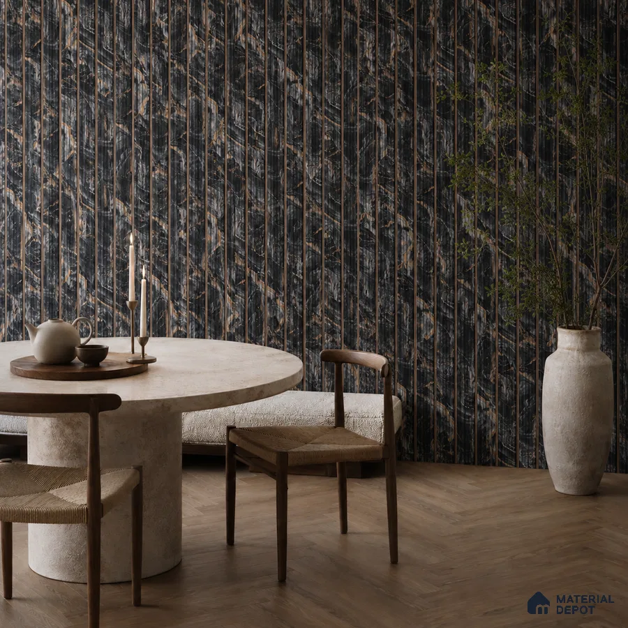 Japandi dining room with black marble fluted wall panels and light oak herringbone wooden flooring