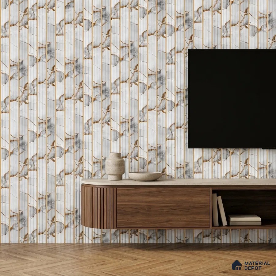 Modern TV unit with marble-look fluted wall tile and walnut wood laminate cabinet