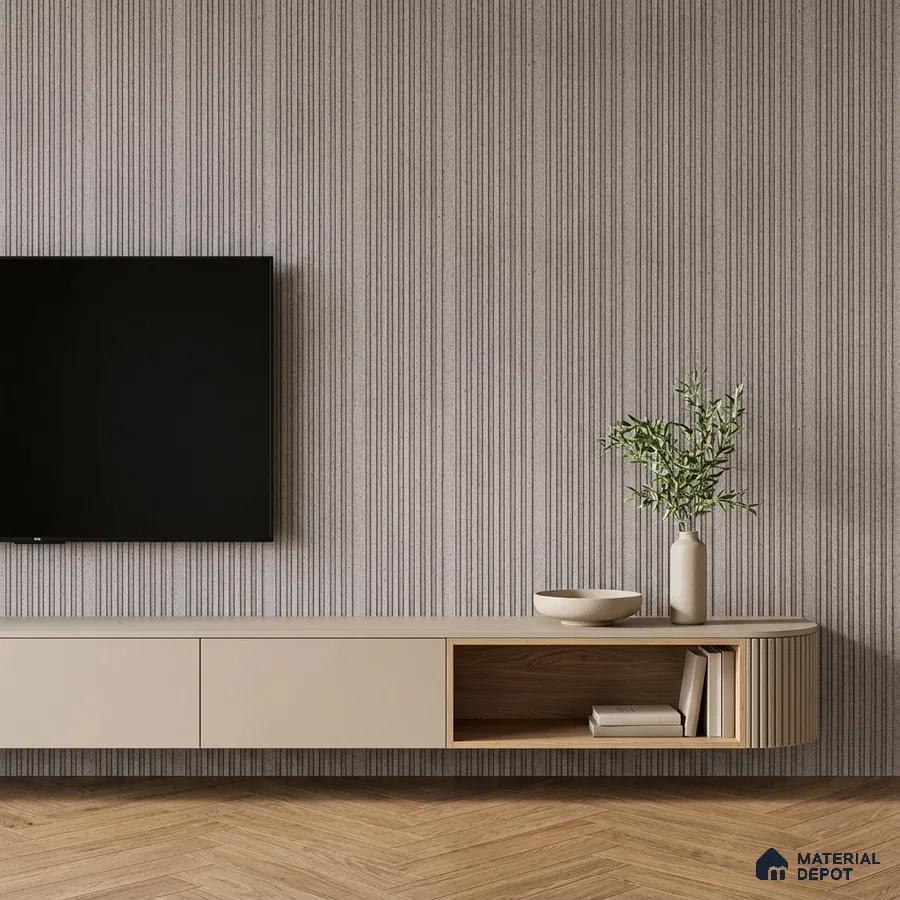 Minimalist TV unit with beige laminate, fluted wall panels, and herringbone wooden flooring