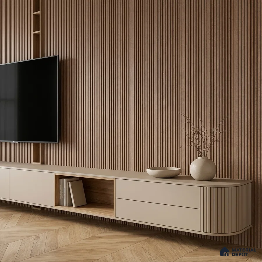 Minimalist TV unit with beige laminate, fluted wood wall panels, and herringbone wooden flooring