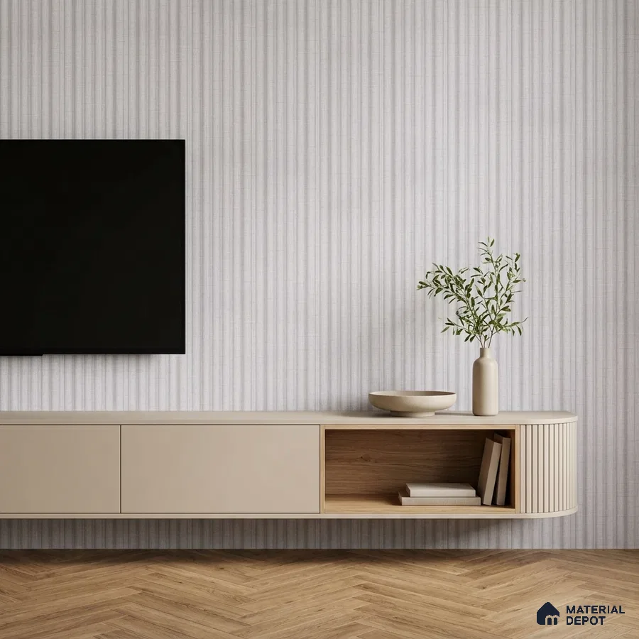 Minimalist TV unit with beige matte laminate, oak wood open shelf, and herringbone wooden flooring