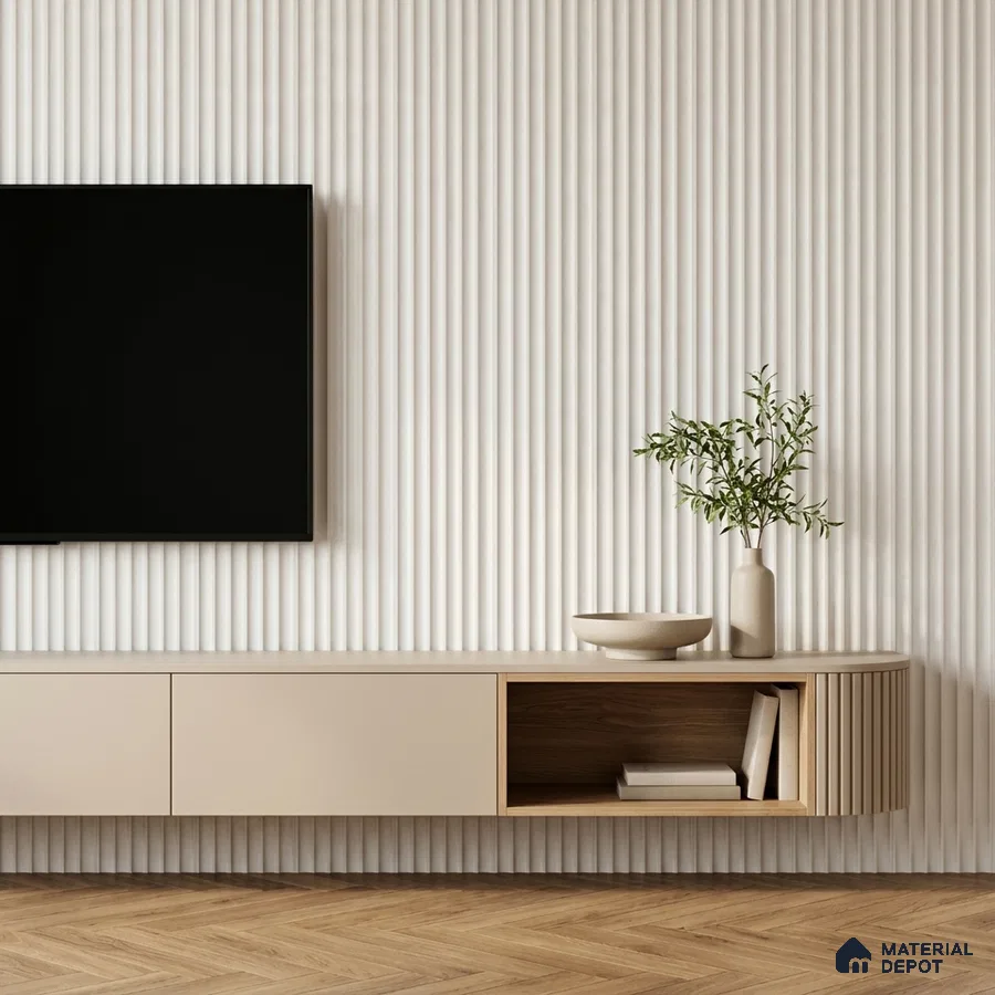 Minimalist TV unit with beige laminate, white fluted wall panels, and herringbone wood flooring