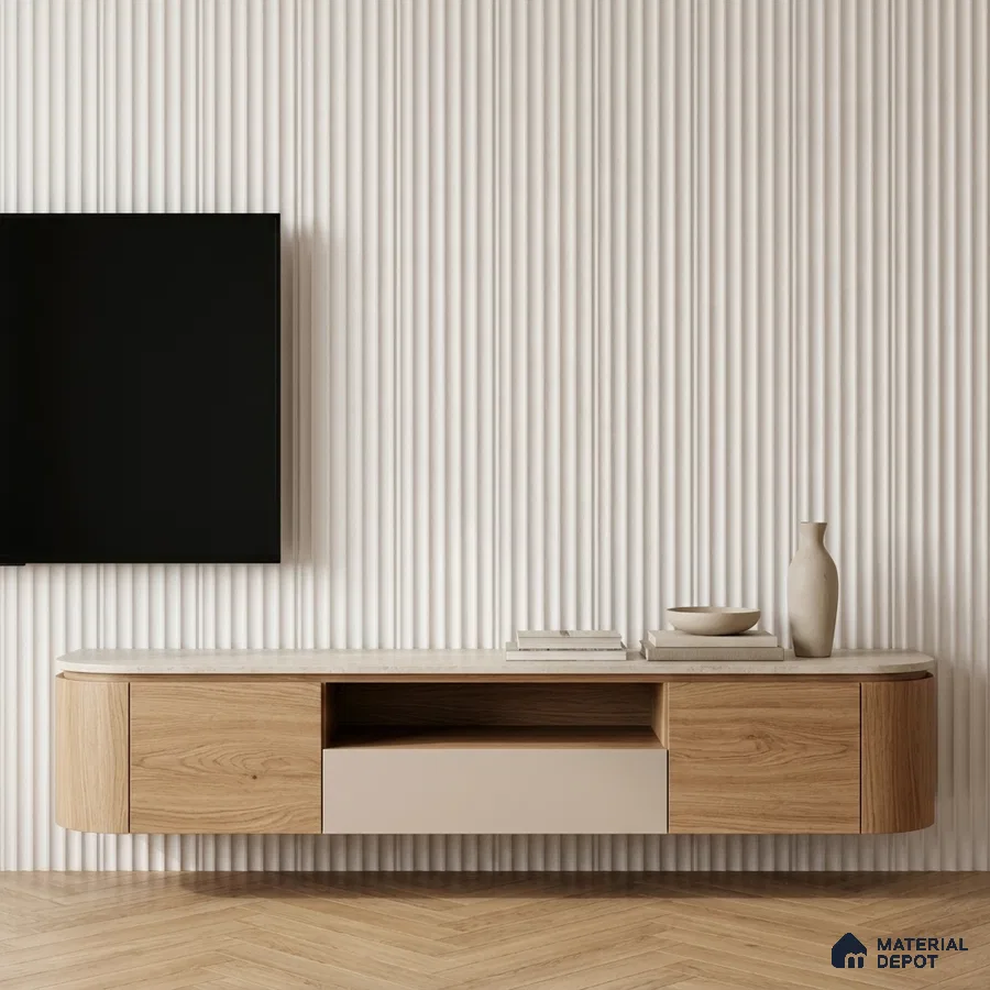 Minimalist TV unit with oak wood laminate, beige solid laminate, and fluted wall panels