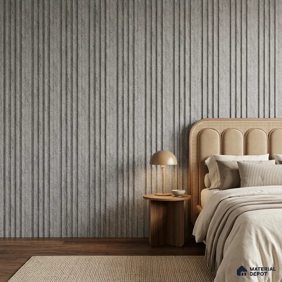 Japandi bedroom with grey fluted wall panels, beige suede upholstered bed, and walnut wood flooring