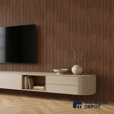 Minimalist living room with walnut fluted wall panels and beige floating TV unit
