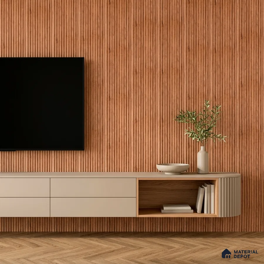 Scandinavian TV unit with beige laminate, fluted wood wall panels, and herringbone wooden flooring