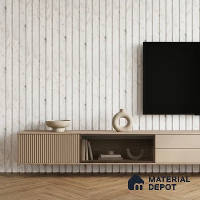 Minimalist TV unit with marble-look fluted laminate wall and beige wood laminate cabinet