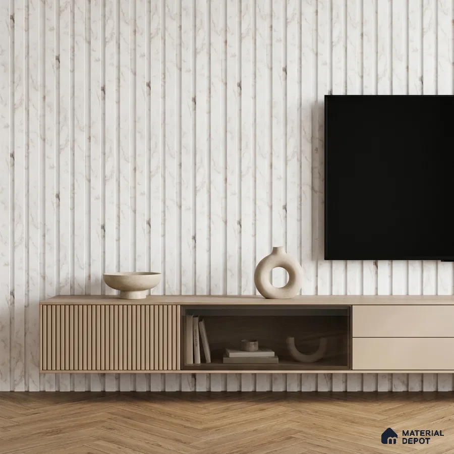 Minimalist TV unit with marble-look fluted laminate wall and beige wood laminate cabinet