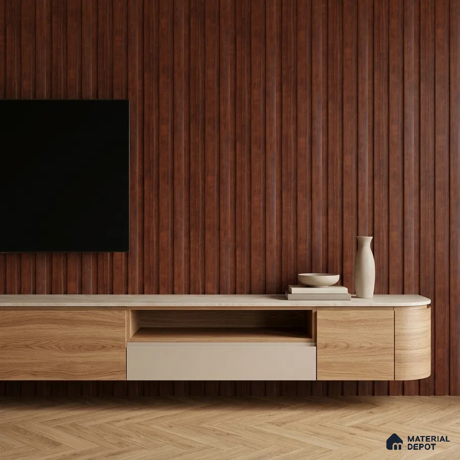 Minimalist TV unit with walnut brown fluted wall panels and light oak laminate cabinet