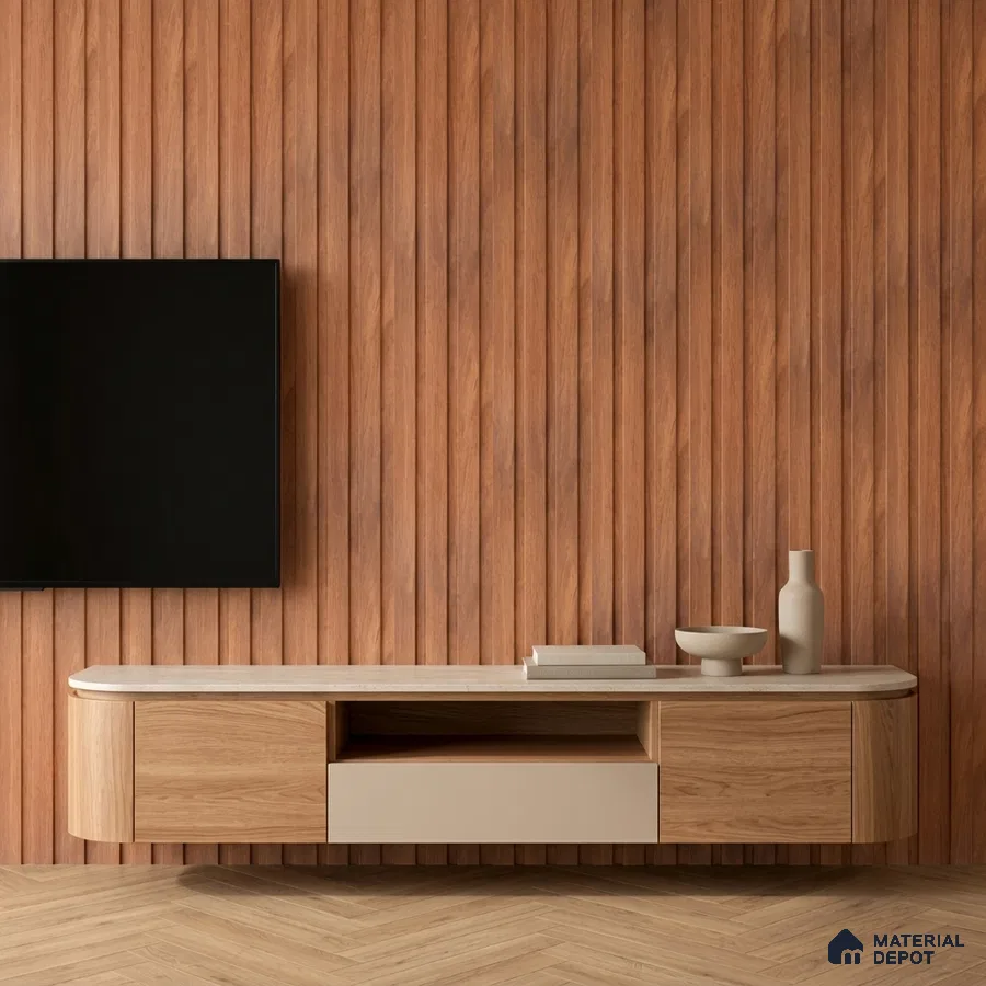Minimalist TV unit with walnut wood fluted wall panels and light oak laminate floating cabinet