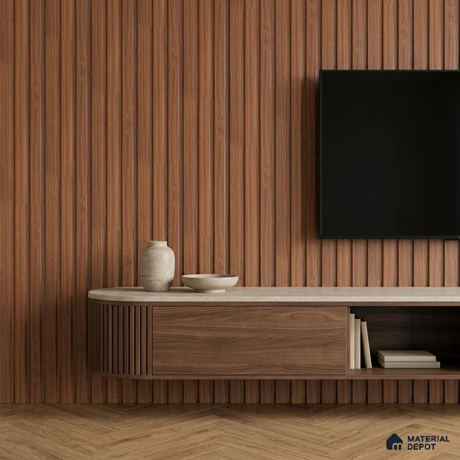 Minimalist TV unit with walnut wood fluted wall panels and herringbone wooden flooring