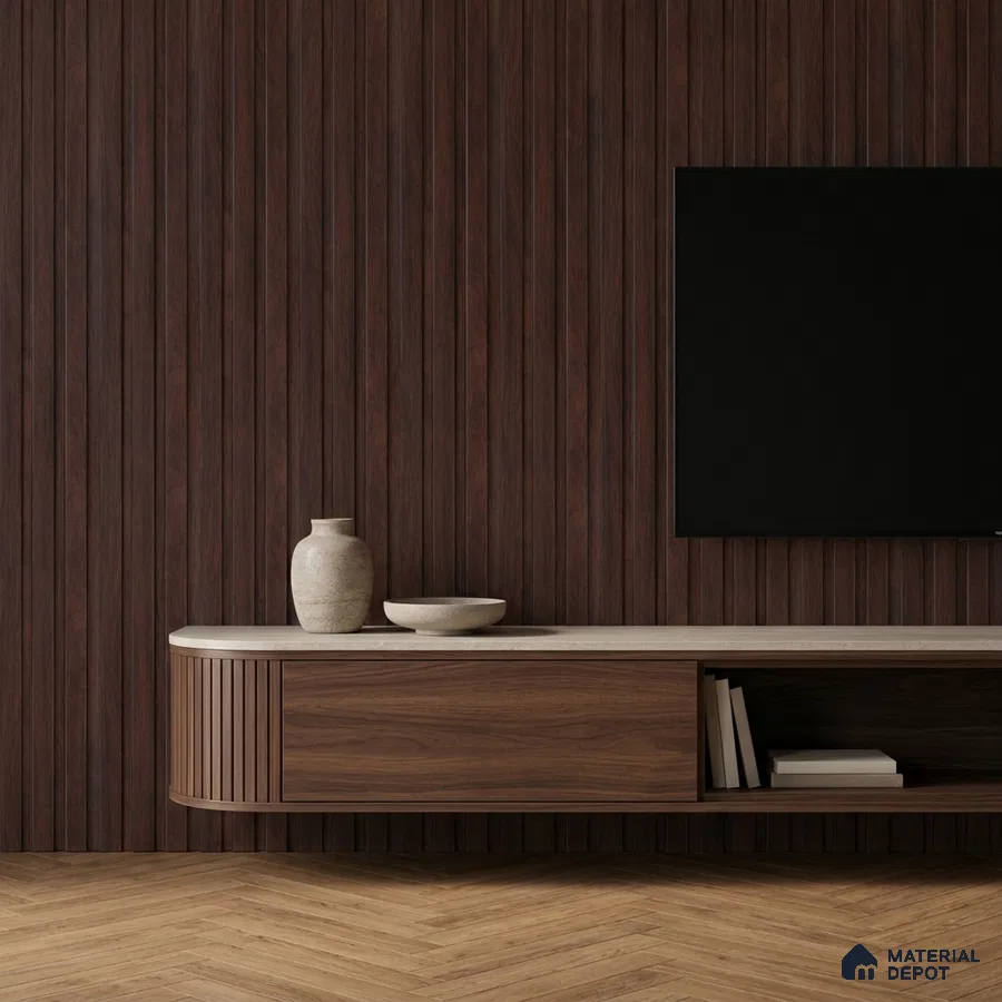 Minimalist TV unit with walnut wood laminate, fluted wall panels, and herringbone wooden flooring