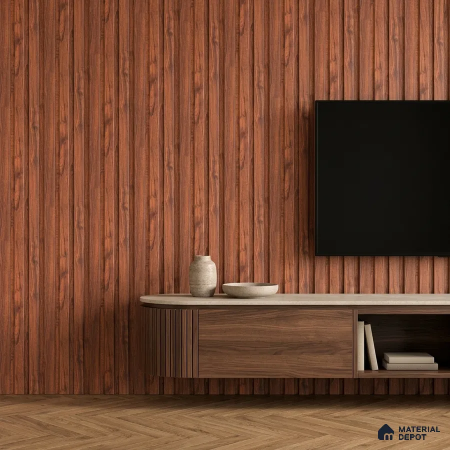 Modern TV unit with walnut wood fluted wall panels and floating cabinet