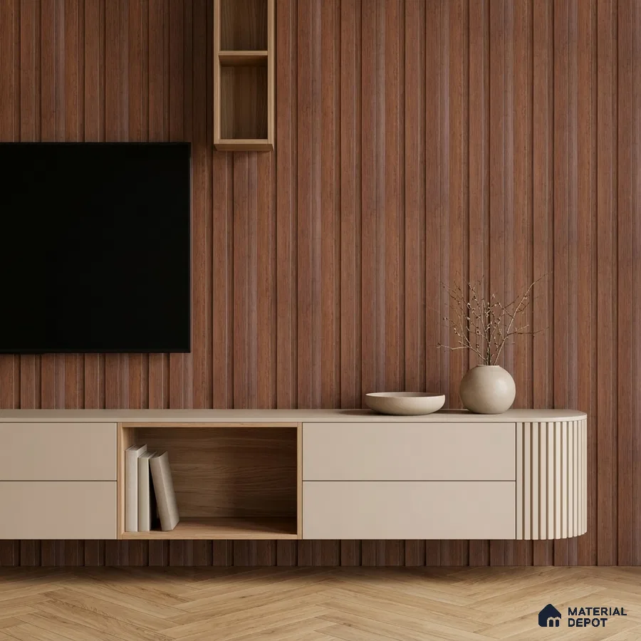 Minimalist TV unit with walnut wood fluted wall panels and beige matte laminate cabinet