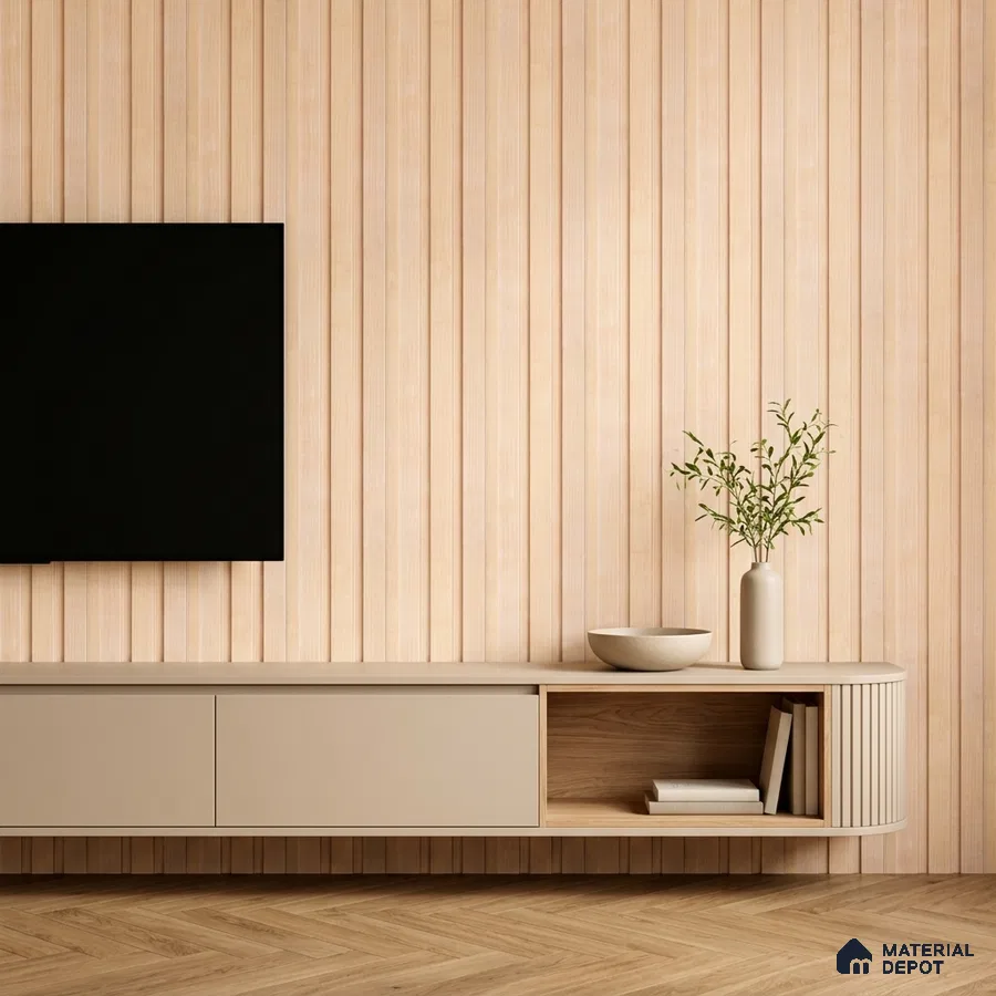 Scandinavian TV unit with beige laminate, light wood fluted wall panels, and herringbone wooden flooring