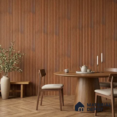 Scandinavian dining room with walnut wood fluted wall panels and herringbone wooden flooring
