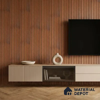 Minimalist TV unit with walnut wood fluted wall panels and beige matte laminate cabinet