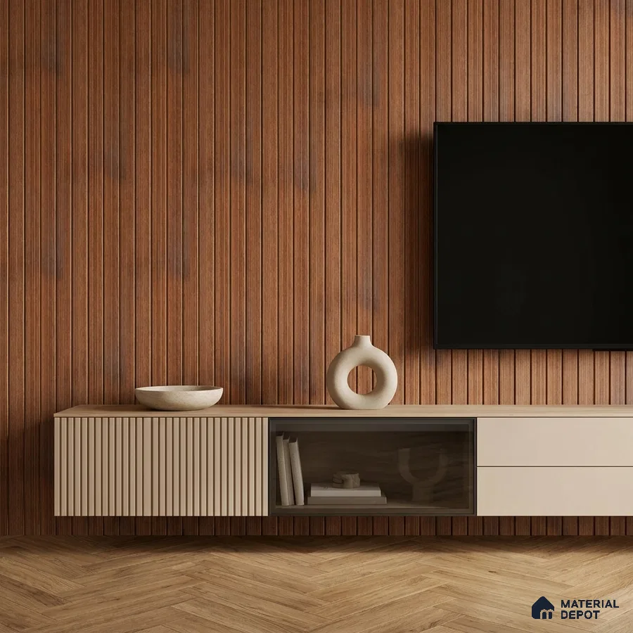 Minimalist TV unit with walnut wood fluted wall panels and beige matte laminate cabinet
