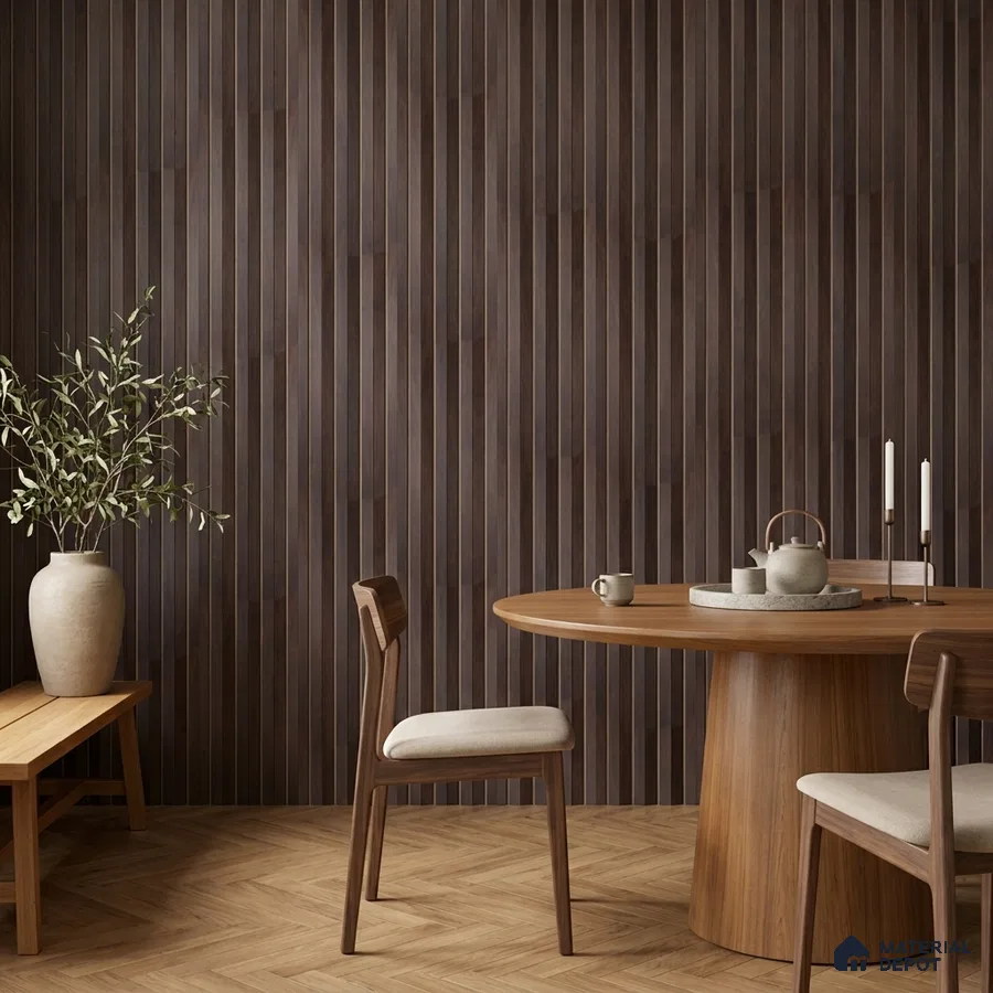 Japandi dining room with walnut wood fluted wall panels and light oak herringbone wooden flooring