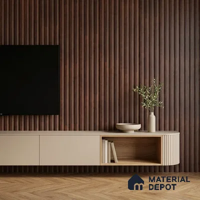 Minimalist TV unit with walnut brown fluted wall panels and beige matte laminate floating cabinet