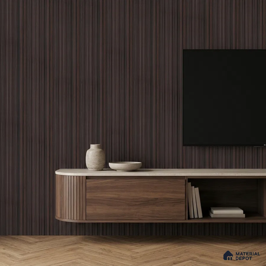 Minimalist TV unit with walnut wood laminate, fluted wall panels, and herringbone wooden flooring