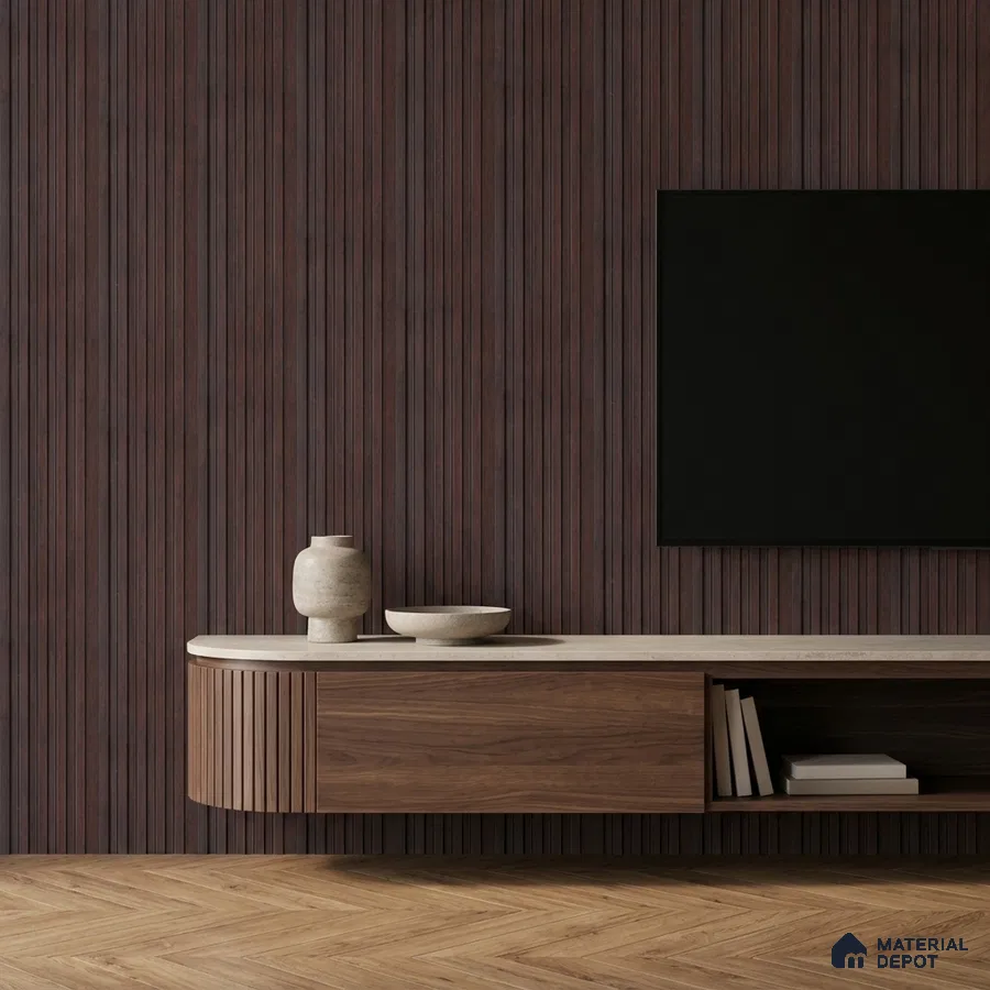 Minimalist TV unit with walnut wood laminate, fluted wall panels, and light wood herringbone flooring