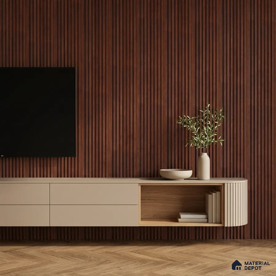 Minimalist TV unit with walnut brown fluted wall panels and beige matte laminate cabinet