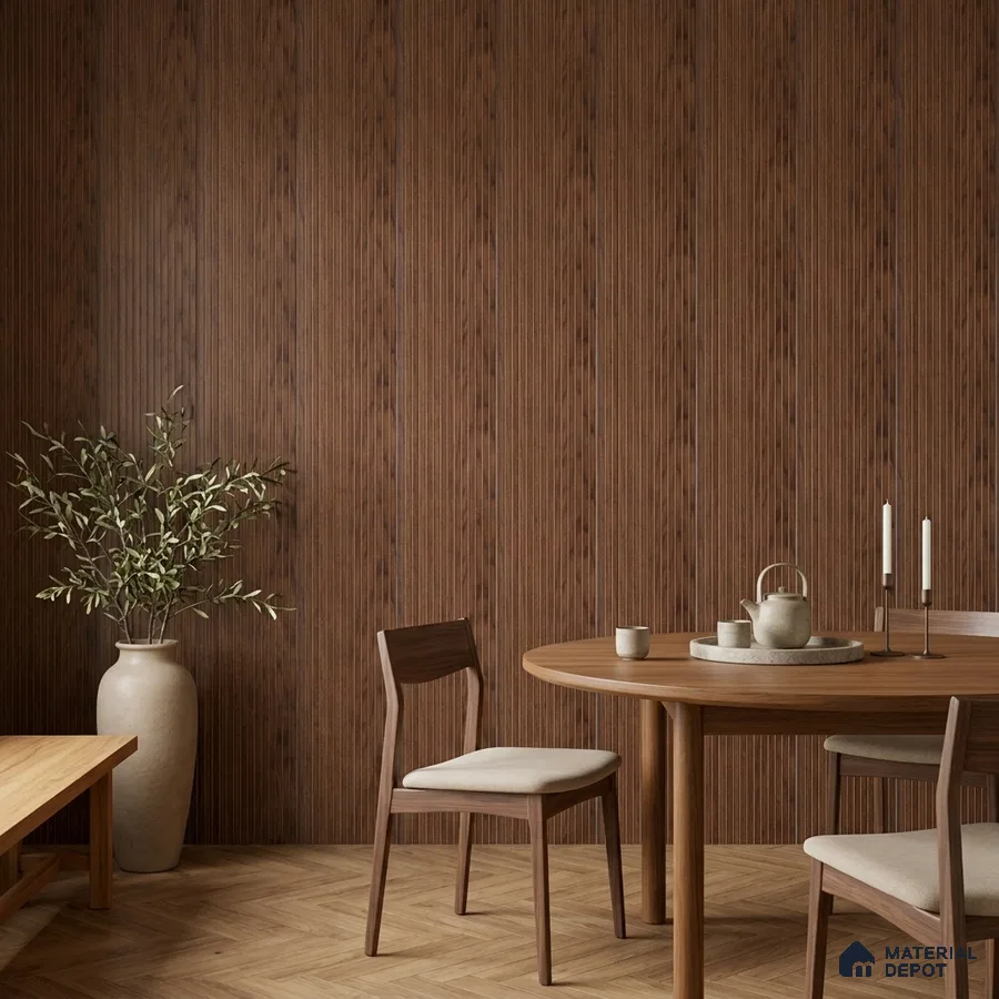 Japandi dining room with walnut wood fluted wall panels and light oak herringbone wooden flooring