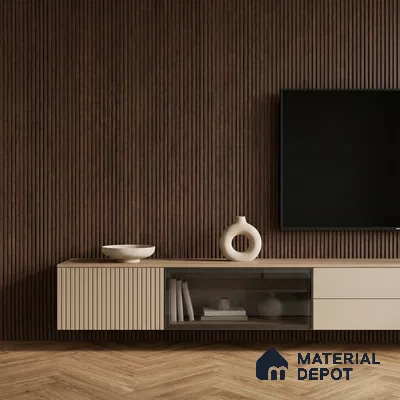 Minimalist TV unit with walnut brown fluted wall panels and beige matte laminate cabinet