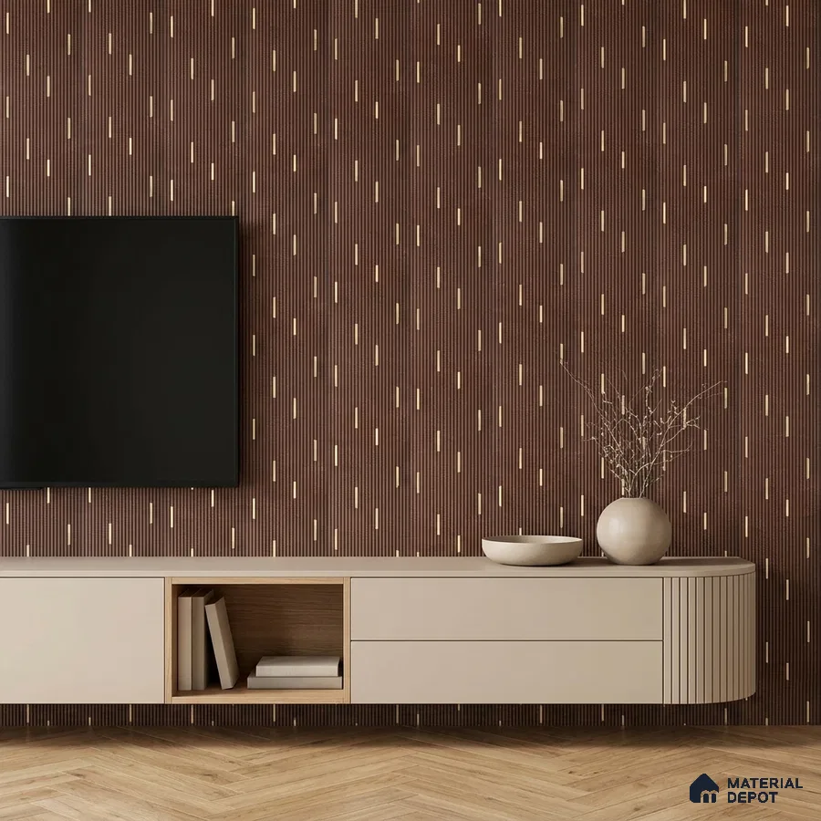Modern TV unit with beige matte laminate, brown fluted wall panels, and gold accent details