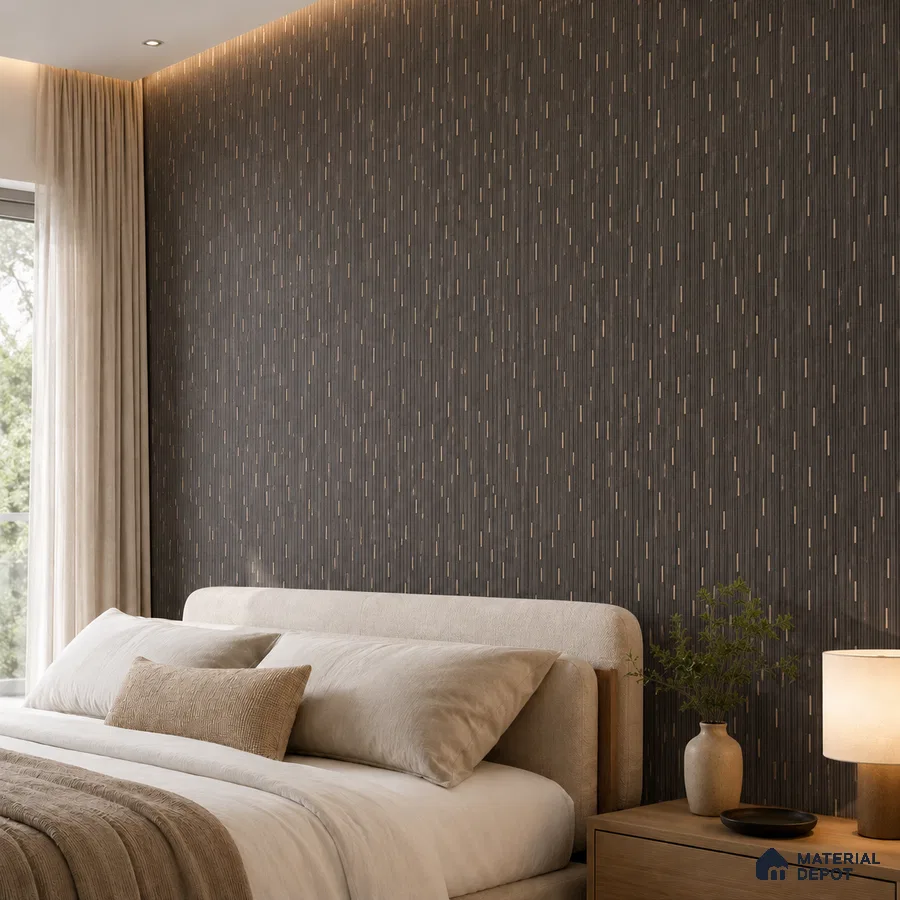 Minimalist bedroom with textured dark geometric tile and beige upholstered bed