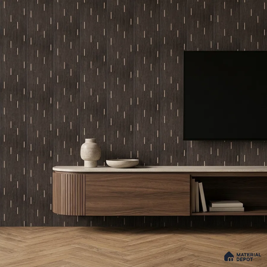 Mid-century modern TV unit with walnut wood laminate, fluted detail, and geometric tile
