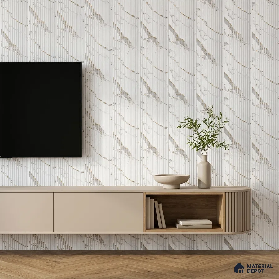 Modern TV unit with marble-look fluted wall panels and beige laminate floating cabinet
