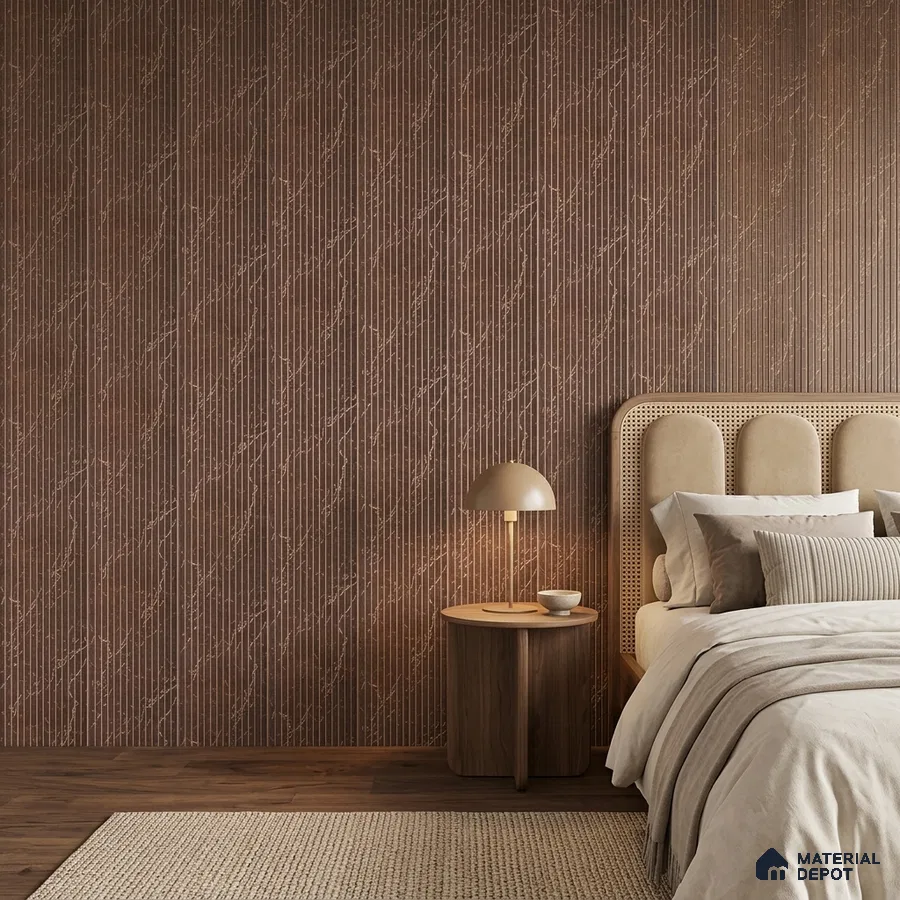 Japandi bedroom with walnut brown fluted wall panels and cane upholstered headboard