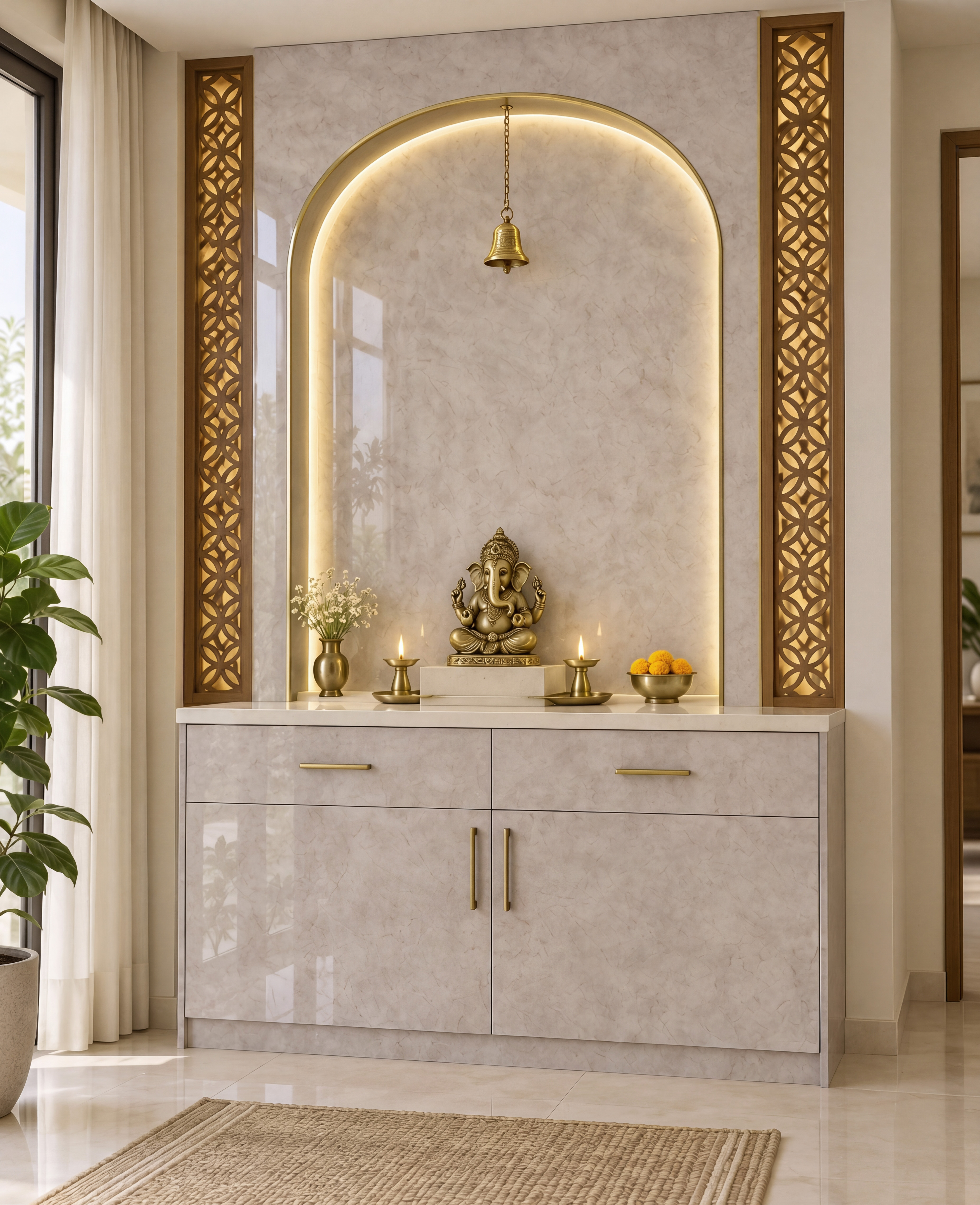Pooja Room with Beige Stone-Look High-Gloss Laminate Unit and Jaali Panels