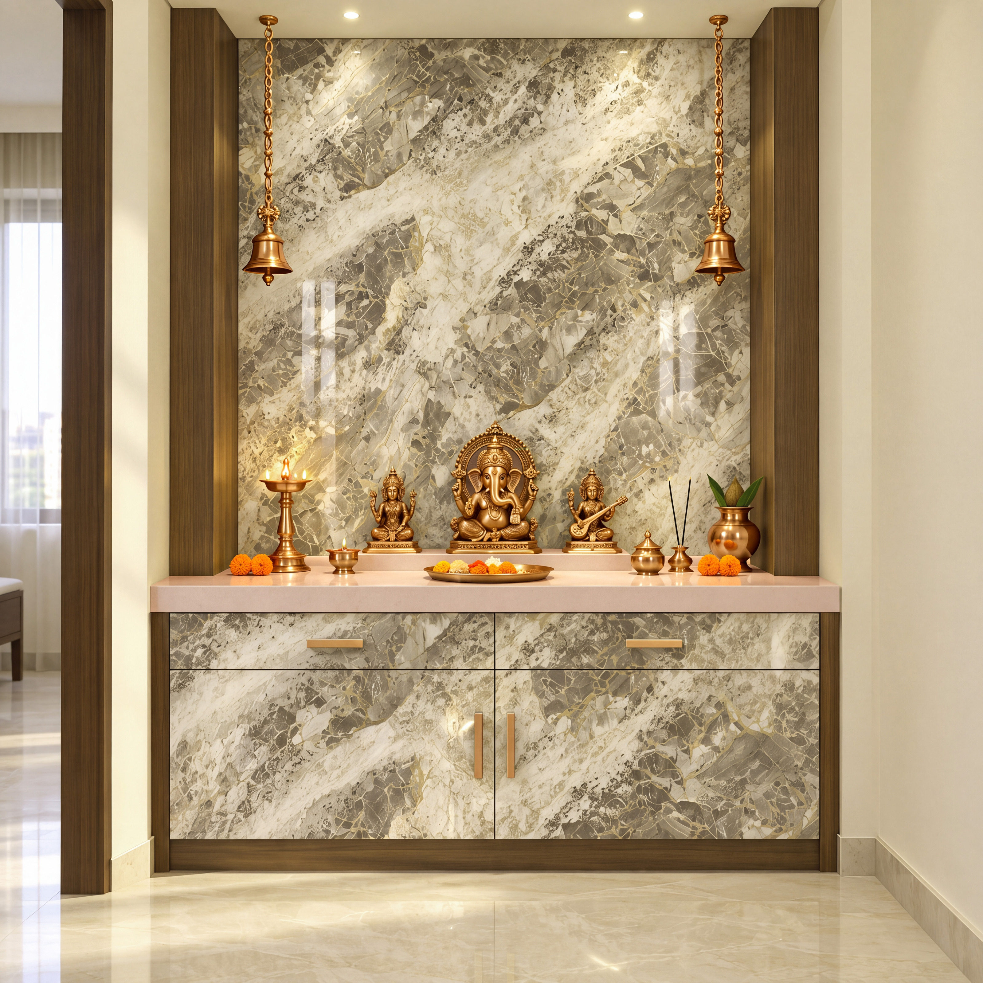 Pooja Room with Emperador Brown Marble-Look High-Gloss Laminate Unit