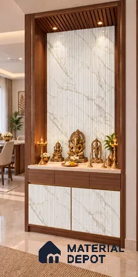 Pooja Room with Golden Silk Fluted Marble-Look Laminate, Walnut Frame and Wood Louver