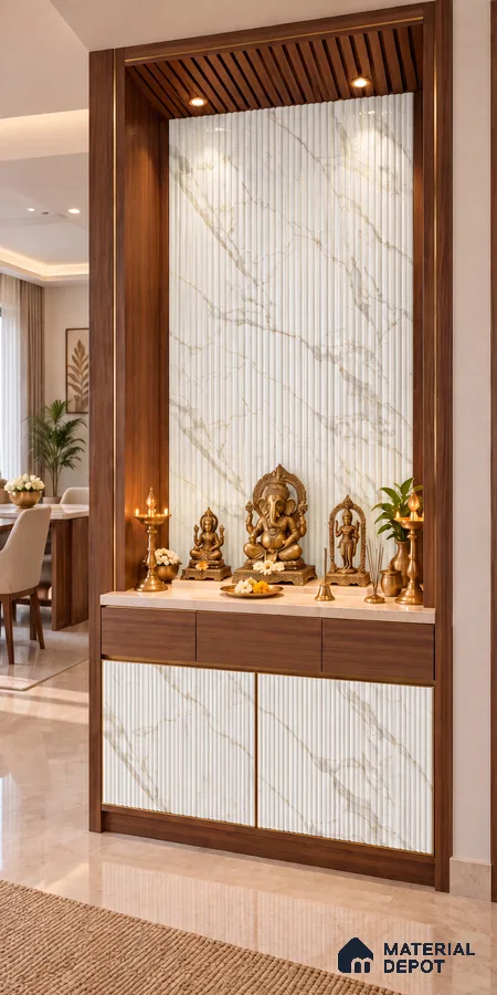 Pooja Room with Golden Silk Fluted Marble-Look Laminate, Walnut Frame and Wood Louver