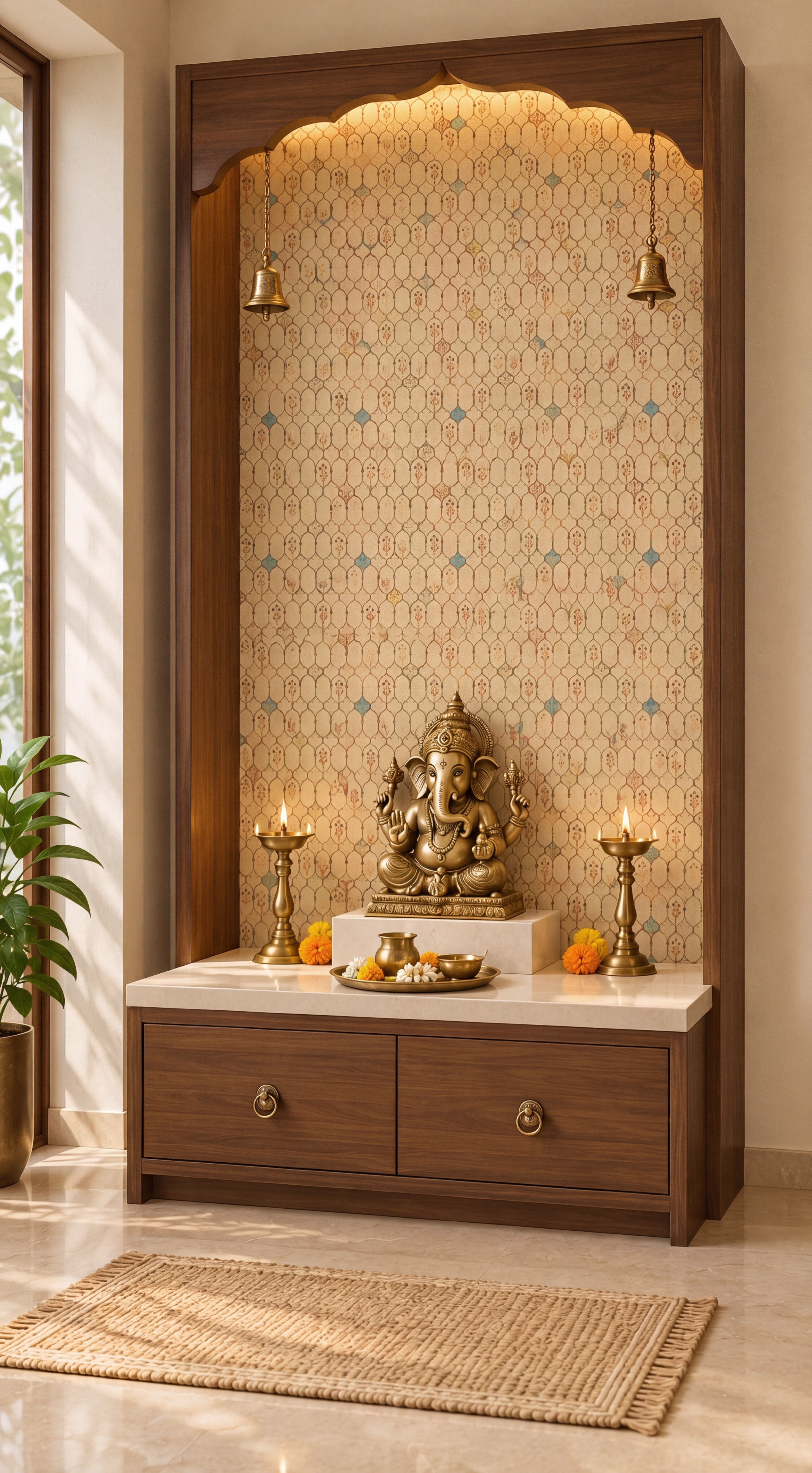 Pooja Room with Patterned Digital Laminate Back Panel and Walnut Frame