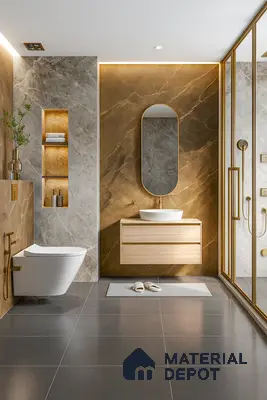 Premium Bathroom with Large-Format Marble Tiles, Gold Trim Glass Partition & Wall-Mounted Vanity | Material Depot