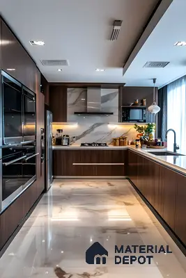 Premium L-Shaped Kitchen With Walnut Wood Finish And Marble Grandeur | Material Depot