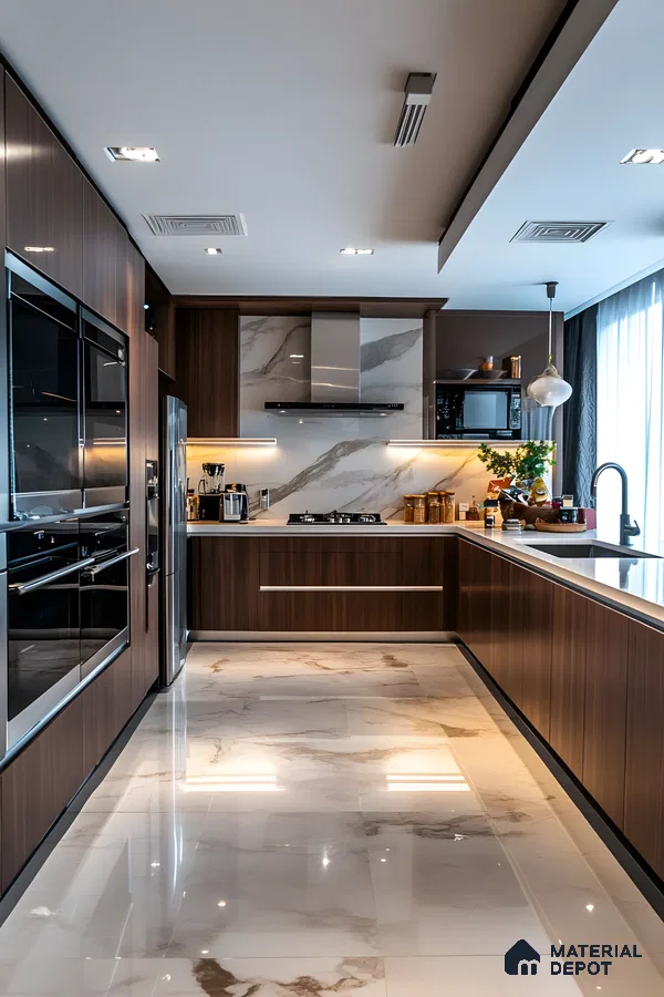 Premium L-Shaped Kitchen With Walnut Wood Finish And Marble Grandeur | Material Depot