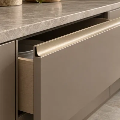 Profile Handles - champagne gold profile handle on a taupe kitchen drawer below a stone countertop