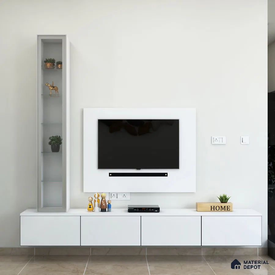 All-White Minimalist TV Unit with Storage.