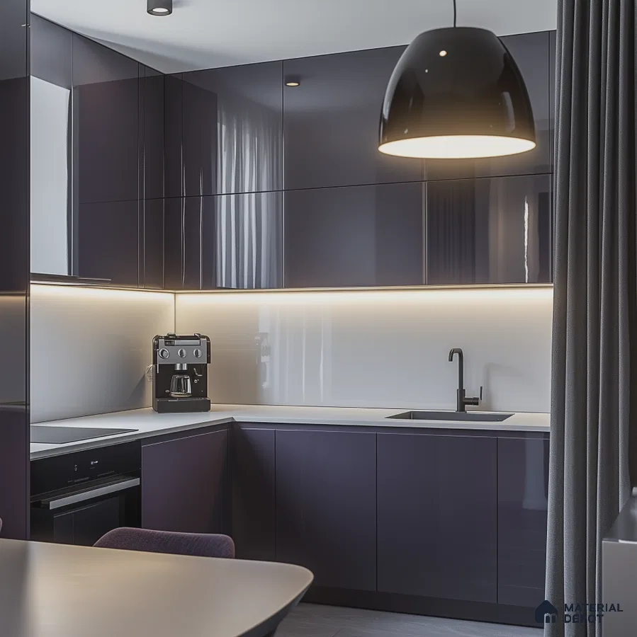 Purple Glossy Kitchen with Modern Lighting and Minimalist Design | Material Depot